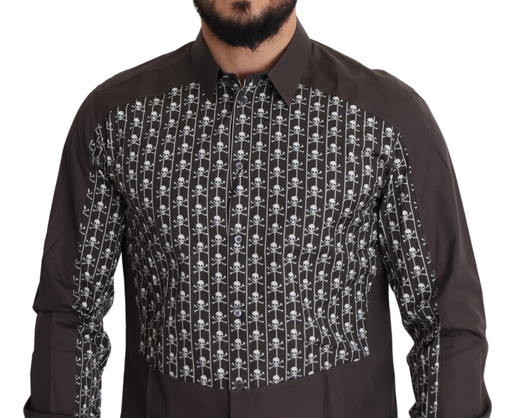 IMG_4185-6b640677-b0f.jpg Gold Brown Slim Fit Dress Shirt with Skull Print - Image 6